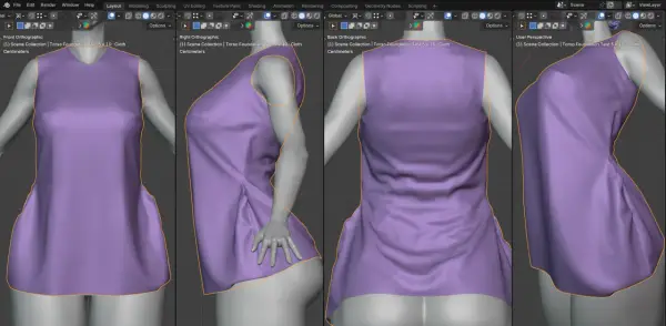 A 3D model of a purple dress on a mannequin, showing the flowing fabric and subtle side seams.