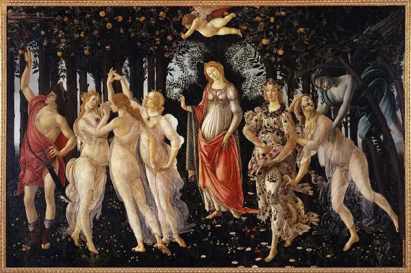 Botticelli's "Primavera" zeigt mythologische Figuren in einem blühenden Garten. Zephyrus jagt Chloris, die sich in Flora verwandelt.