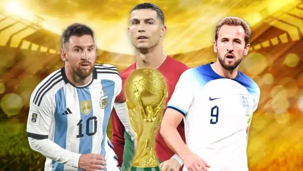 Lionel Messi, Cristiano Ronaldo i Harry Kane z Pucharem Świata.