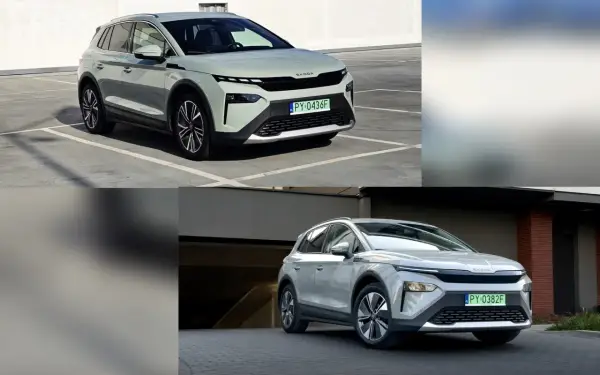 Dwa modele Skoda Elroq w różnych kolorach, jeden jasnoszary na parkingu, drugi srebrny przed budynkiem.