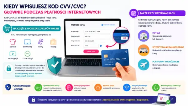 Karta z kodem CVV/CVC jest kluczowa do bezpiecznych płatności online, np. za ubrania, elektronikę, bilety, noclegi, subskrypcje i rezerwacje.
