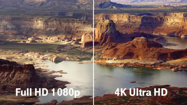Vergleich: Was ist besser HD oder 4K? Die rechte Seite zeigt eine atemberaubende 4K-Auflösung mit lebendigen Farben und Details, während die linke Seite die Full HD-Version darstellt.