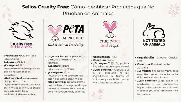 Sellos Cruelty Free: Conoce las marcas que no prueban en animales. Incluye logos de Cruelty Free International, PETA, Crueltyfree andvegan y Not Tested on Animals.