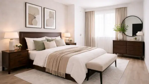 Dormitorio con muebles oscuros. Las paredes, pintadas en un tono crema suave, complementan la calidez de la madera.