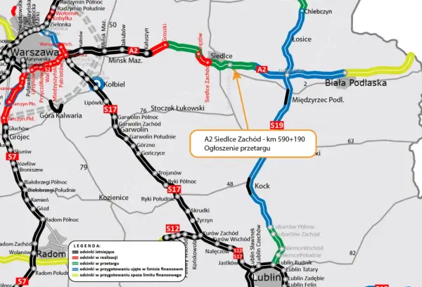 Mapa drogowa z zaznaczoną autostradą A2. Widoczny odcinek A2 Siedlce Zachód - km 590+190 z ogłoszeniem przetargu.