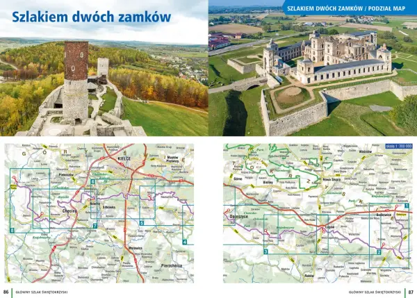 Mapa z zaznaczonymi zabytkami i szlakami, w tym główny szlak świętokrzyski, prowadzącym przez malownicze tereny z zamkami i krajobrazami.