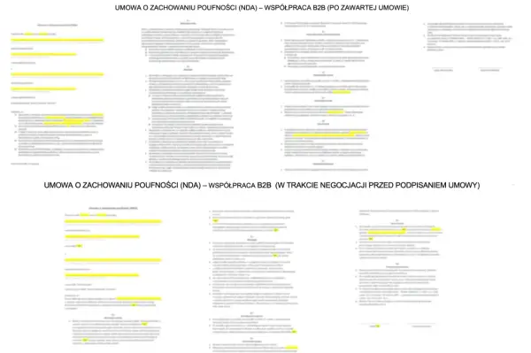 Dwa dokumenty z tekstem, jeden zatytułowany "Umowa o zachowaniu poufności (NDA) – współpraca B2B (po zawartej umowie)", drugi "Umowa o zachowaniu poufności (NDA) – współpraca B2B (w trakcie negocjacji przed podpisaniem umowy)". Widoczny jest wzór umowy...