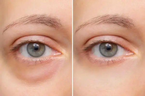 Vorher-Nachher-Vergleich: Deutliche Reduzierung von Augenringen und Schwellungen unter dem Auge.