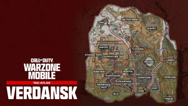 Mapa taktyczna Verdansk z zaznaczonymi lokacjami: lotnisko, miasto, więzienie, baza wojskowa i inne.