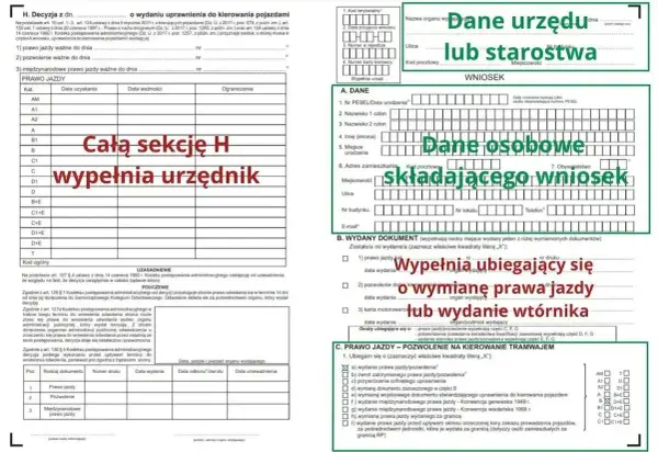 Formularz wniosku o wydanie prawa jazdy lub wtórnika. Sekcja H wypełniana przez urzędnika, dane osobowe składającego wniosek.
