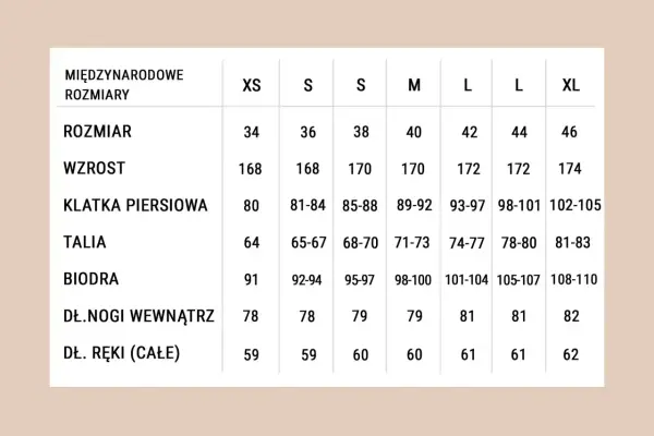 Tabela rozmiarów od XS do XL. Rozmiar 44/46 jaki to rozmiar? To L/XL, odpowiednie dla wzrostu 172 cm i obwodu bioder 105-107 cm.