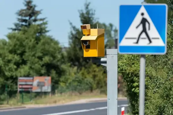 Żółta skrzynka fotoradaru obok znaku przejścia dla pieszych. Przekroczenie prędkości o 30 km ile punktów?