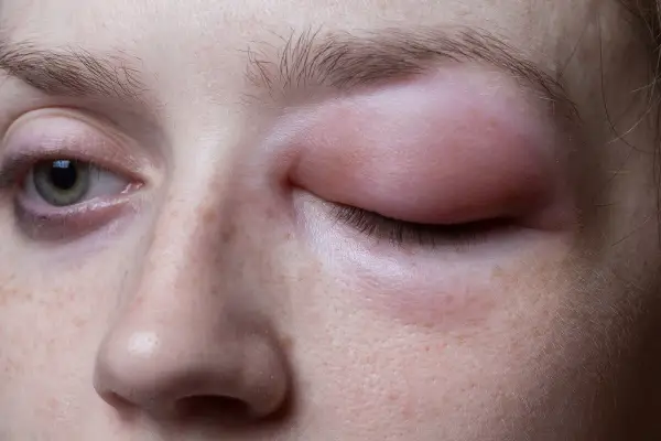 Ojo hinchado y enrojecido, con la piel irritada, como si tuviera hongos en la cara.