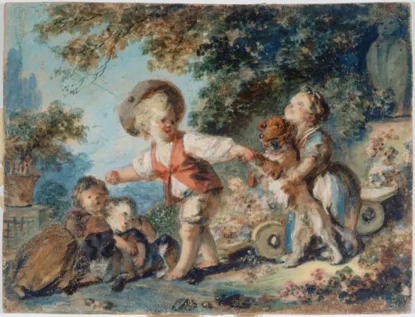 Enfants jouant avec un chien, un tableau de Fragonard. Le prix de ce tableau est estimé.