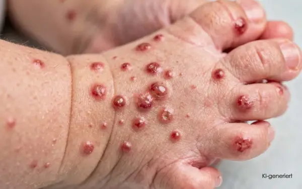 Haut eines Babys mit roten Pusteln und Bläschen, typisch für ansteckende Krankheiten wie Windpocken oder Hand-Fuß-Mund-Krankheit.