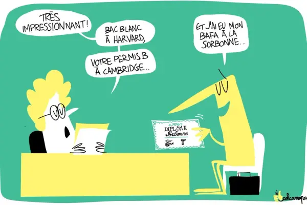 Dessin humoristique : un candidat présente un diplôme de la Sorbonne, tandis qu'un recruteur lit des qualifications impressionnantes.