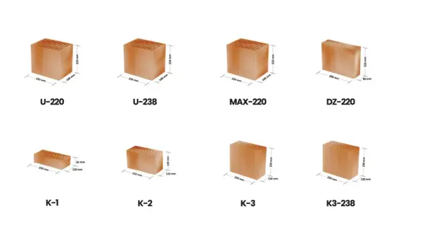 Różne rodzaje pustaków ceramicznych z widocznymi wymiarami: U-220 (250x188x220 mm), U-238 (250x188x238 mm), MAX-220 (250x188x220 mm), DZ-220 (288x80x220 mm), K-1 (250x120x65 mm), K-2 (250x120x140 mm), K-3 (250x120x220 mm), K3-238 (250x120x238 mm).