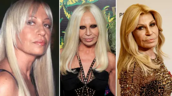 Donatella Versace joven y en diferentes etapas de su vida, mostrando su icónica melena rubia y su evolución de estilo.