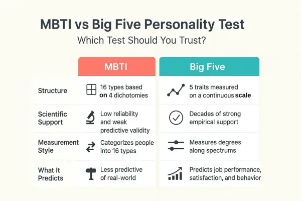 Porównanie MBTI i Big Five: MBTI ma 16 typów osobowości, Big Five mierzy 5 cech na skali. Big Five ma silniejsze wsparcie naukowe.