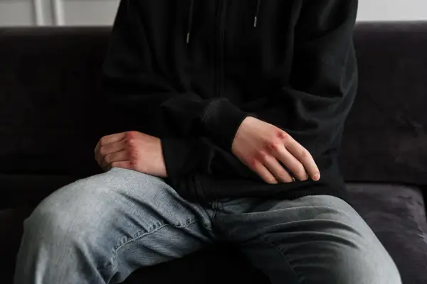 Otarte dłonie z zaczerwienieniami, siedząca osoba w bluzie i jeansach. Może to być symbol stresu przed niebieska karta przesłuchanie.