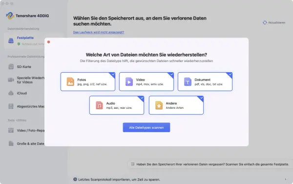 Datenrettungsprogramm: Festplatte auswählen, um verlorene Daten wiederherzustellen. Fotos, Videos, Dokumente oder Audio wiederherstellen.