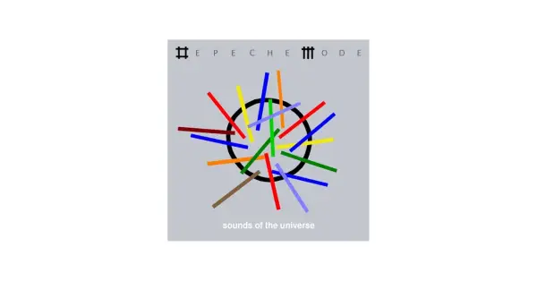 Kolorowe linie wirują wokół czarnego okręgu, tworząc wizualizację "sounds of the universe". Nad nimi logo Depeche Mode.