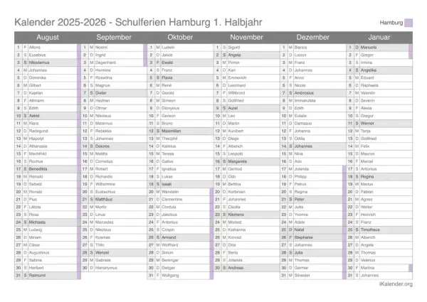 Kalender 2025-2026 mit Monatsübersichten und Namen.