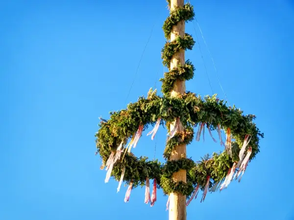 En midsommarstång, dekorerad med grönt och band, mot en klarblå himmel. Dess midsommarstång betydelse symboliserar sommarsolståndet och fruktbarhet.