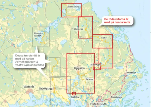 Karta över Upplandsleden med markerade områden kring Uppsala, Älvkarleby och Gimo. Röda rutor visar kartans utsnitt.