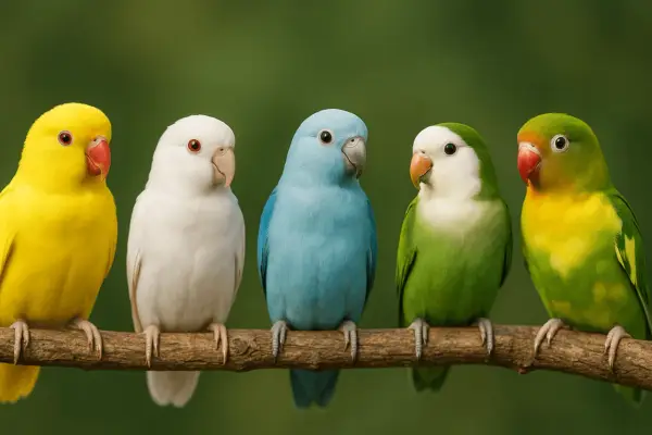 Cinque inseparabili colorati, giallo, bianco, azzurro, verde e giallo-verde, siedono su un ramo.