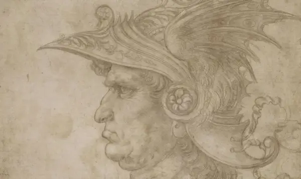 Profile of a man in a detailed helmet, rendered with delicate silver point lines. The drawing captures the warrior's stern expression and the ornate design of his headwear.