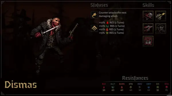 Dismas, postać z gry Darkest Dungeon 2, gotowy do walki z sztyletem i pistoletem.