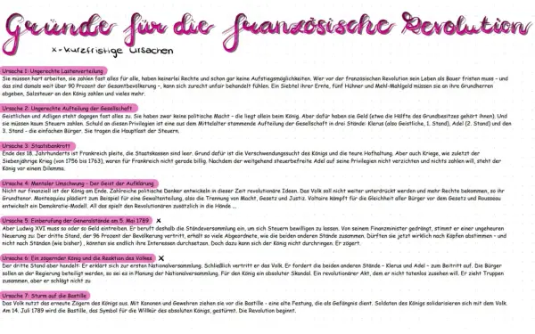 Gründe für die französische Revolution: Ungerechte Lasten, Gesellschaftsaufteilung, Staatsbankrott, Aufklärung, Einberufung der Generalstände, zögernder König, Sturm auf die Bastille.