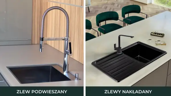 Nowoczesny zlew podwieszany w blacie laminowanym, obok czarny zlew nakładany.