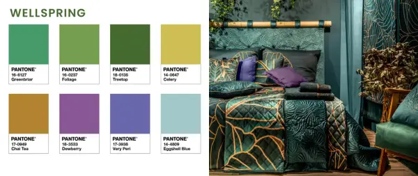 Paleta kolorów "Wellspring" prezentuje bogactwo odcieni zieleni, od soczystej "Foliage" po głęboką "Treetop", tworząc tropikalny, relaksujący klimat.