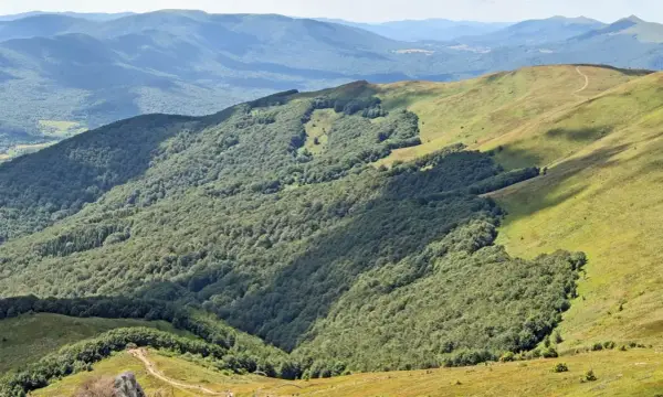 Widok na zalesione zbocza i trawiaste połoniny w Ustrzykach Górnych Wołosate. Bus turystyczny czeka na turystów.