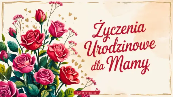 Bukiet czerwonych i różowych róż, złote serduszka i napis "Życzenia Urodzinowe dla Mamy". Piękna dedykacja dla mamy.