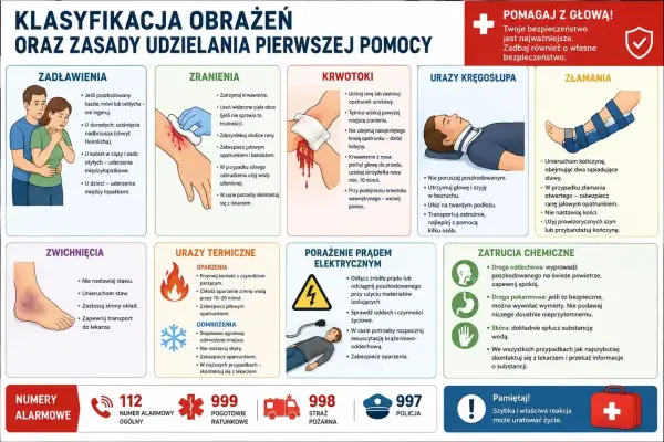 Pierwsza pomoc: zadławienia, zranienia, krwotoki, urazy kręgosłupa, złamania, zatrucia. W przypadku krwotoku uciskaj ranę, by zapobiec hipowolemii.