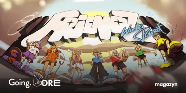 Ilustracja z napisem "Friendz Wielki Powrót" i grupą dzieci w stylu anime.