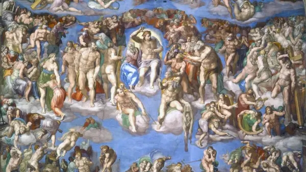Die Sixtinische Kapelle, ein Meisterwerk, das an Leonardo da Vinci erinnert, zeigt eine Himmelsvision mit vielen Figuren.