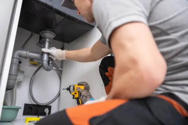 Plombier en action pour déboucher une canalisation sous un évier. Outils à portée de main pour résoudre le problème.