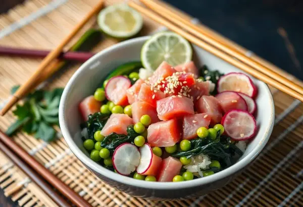 Un délicieux poke bowl avec du thon cru, des petits pois, des radis, des algues et du riz. Une recette fraîche et colorée.