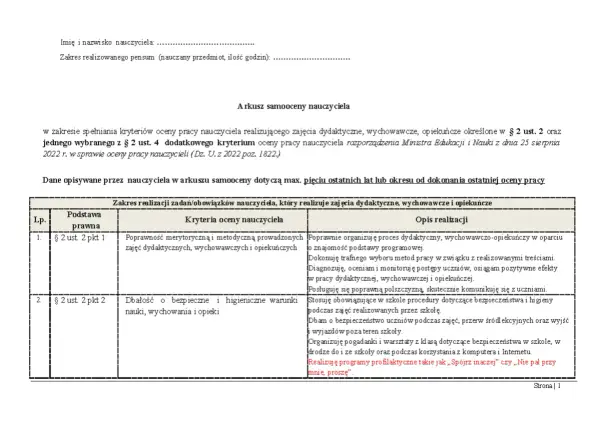 Arkusz samooceny nauczyciela zgodny z rozporządzeniem w sprawie oceny pracy nauczyciela.