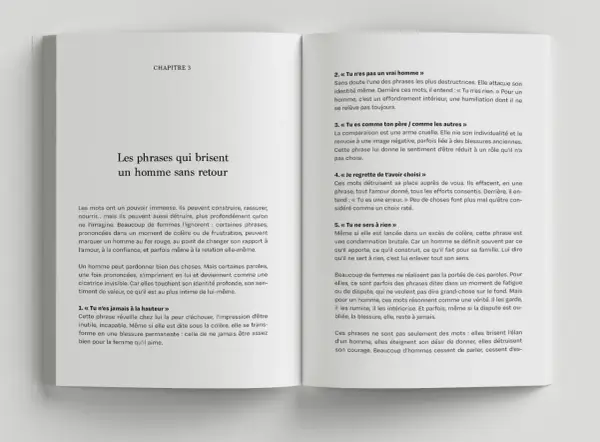 Chapitre 3 : Comprendre les sous-entendus des hommes. Les mots peuvent détruire. Ce texte explore les phrases qui blessent profondément un homme, affectant son identité et sa valeur.