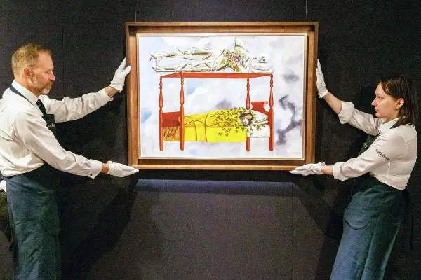 Frida Kahlo autoportret: śpiąca artystka na łóżku pod baldachimem, nad nią szkielet.