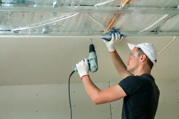 Un ouvrier installe des isolants minces sous un faux plafond en plaques de plâtre, utilisant une perceuse pour fixer les éléments.