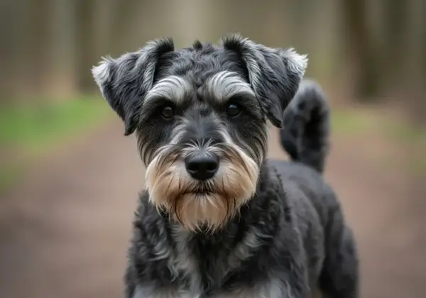 Ein Schnauzer Pudel Mix mit markantem Schnauzbart blickt neugierig in die Kamera.
