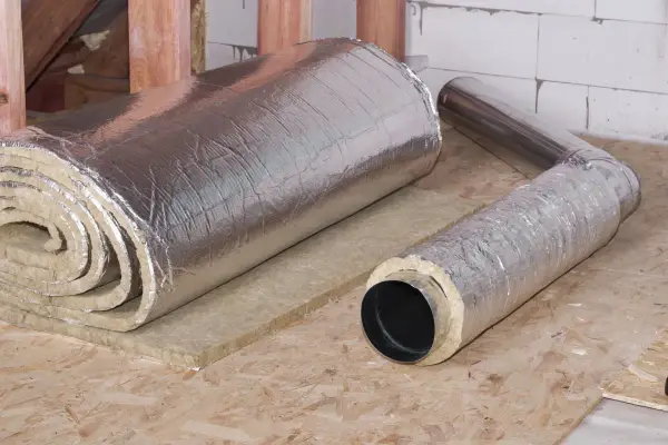 Rouleau d'isolant thermique et conduit de ventilation gainé, prêts pour une isolation multicouche efficace.