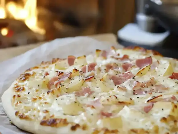 Flamenkuche, une tarte fine garnie de lardons et de crème, évoque son origine alsacienne.