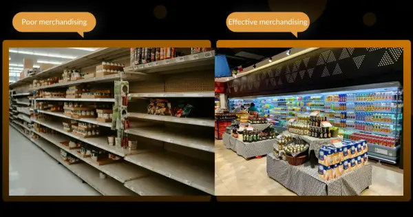 Dwa sklepy: jeden z pustymi półkami (słaby merchandising), drugi z pełnymi, atrakcyjnie ułożonymi produktami (efektywny merchandising).